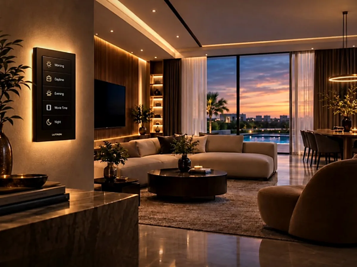 Lighting control keypad beside a modern living room set to an evening scene