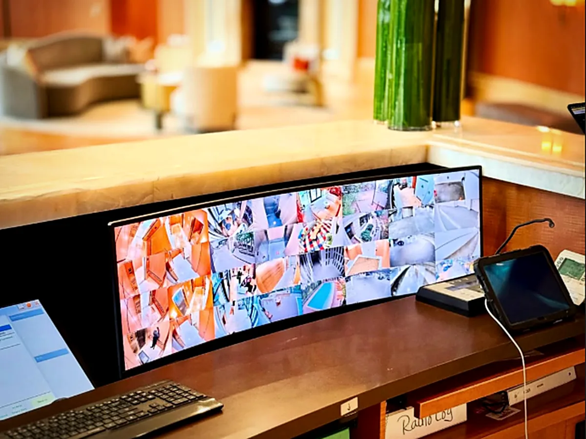 Front desk monitor showing a live multi-camera surveillance view